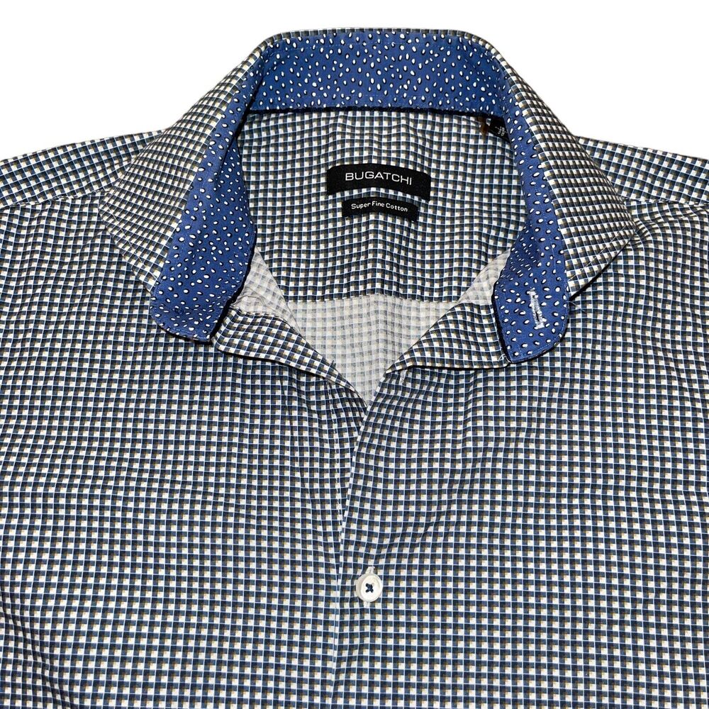 Bugatchi Men's Button Up Shirt 15/38 S Small Blue White Checkered Spread Collar